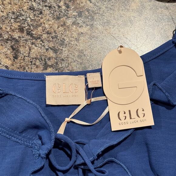 NWT GLG Top Boho Romantic Feminine Summer Tie Front Ruffles Tiered Blue Large - Picture 2 of 5